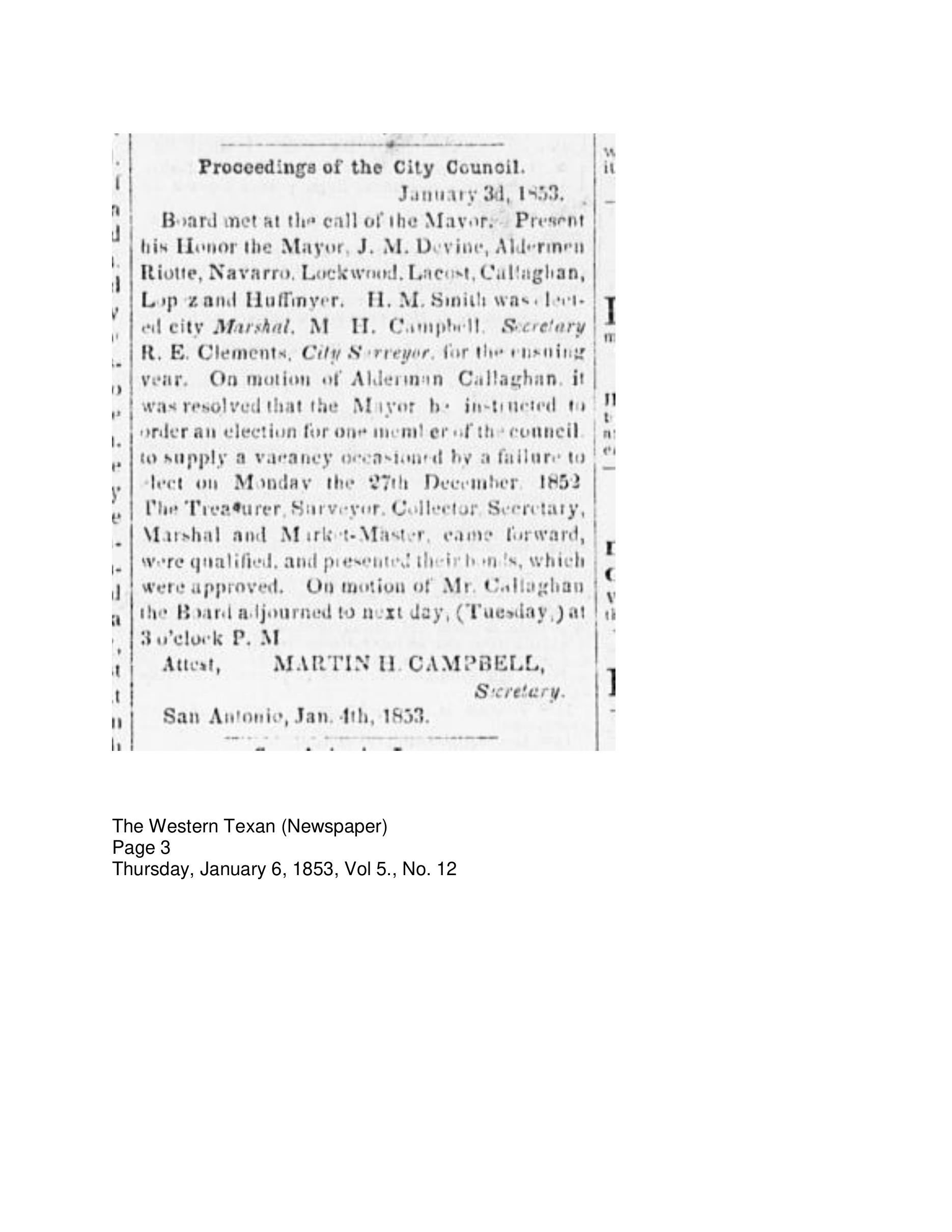 The Western Texan - 1-6-1853 - Smith Elected-page1