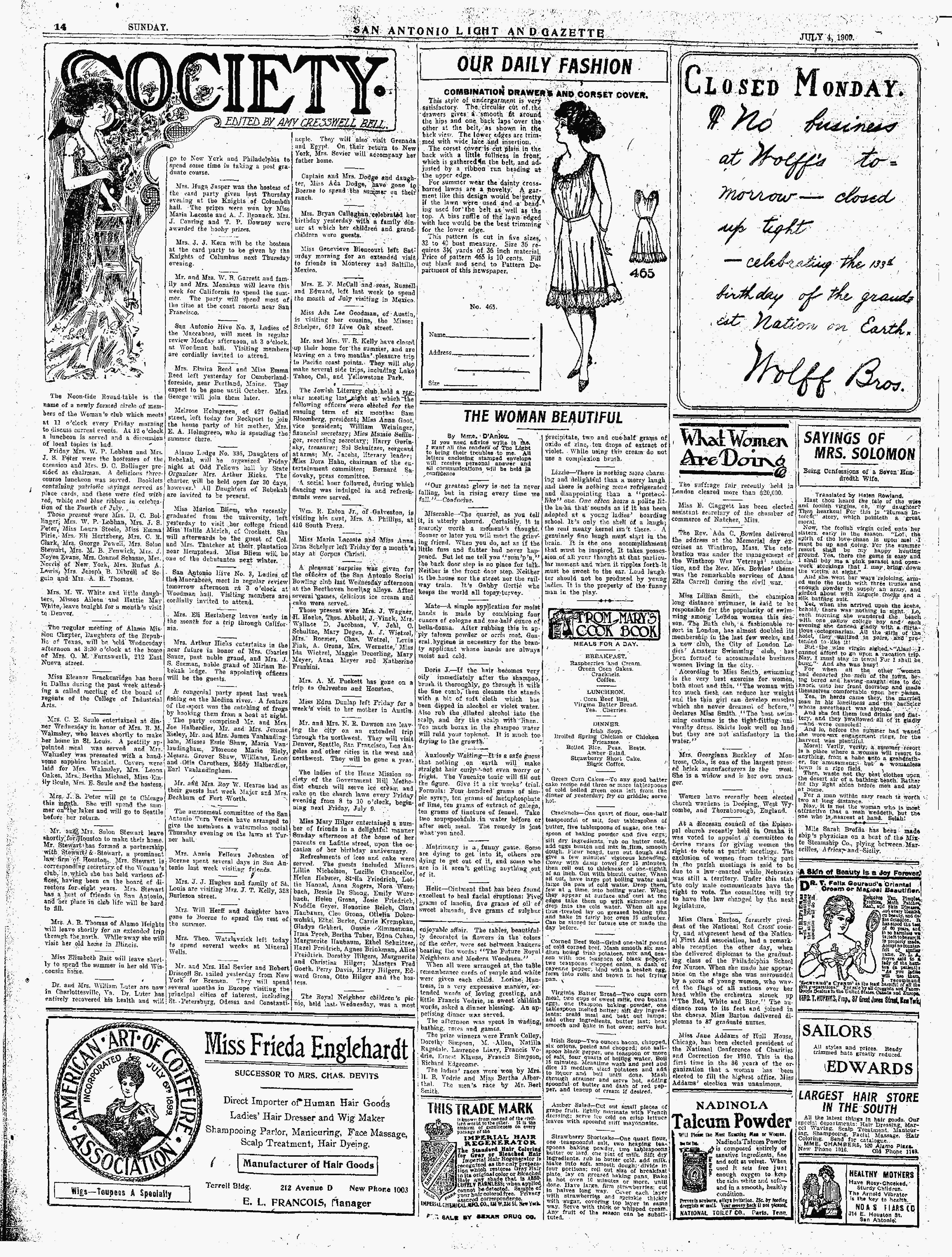 1909Jul4Pg14C3CaptainDodgeGoesToBoerne